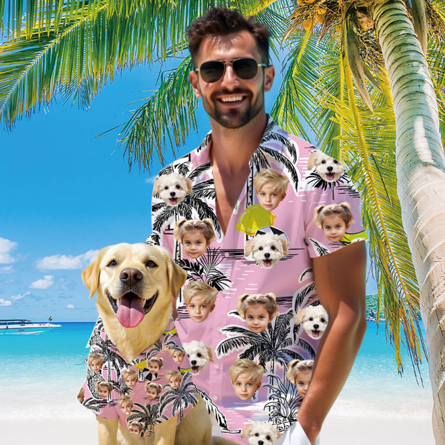 Picture of Custom Face Hawaiian Shirt for Family and Pets - Pink Ground with Coconut Tree Pattern - Best Summer Hawaiian Shirt for Family