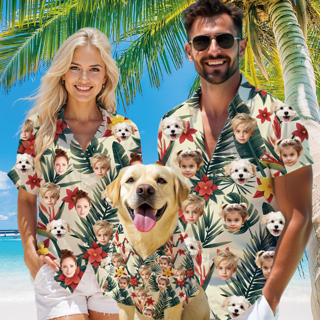 Picture of Custom Face Hawaiian Shirt for Family and Pets - Light-colored Base Color with Tropical Flower Pattern - Best Summer Hawaiian Shirt for Family