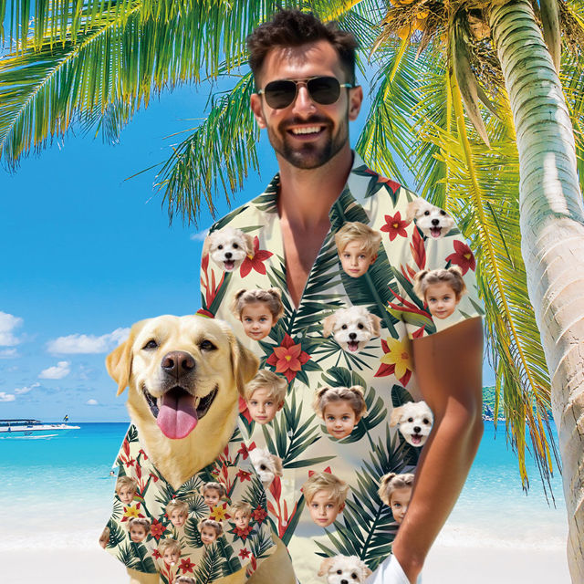 Picture of Custom Face Hawaiian Shirt for Family and Pets - Light-colored Base Color with Tropical Flower Pattern - Best Summer Hawaiian Shirt for Family
