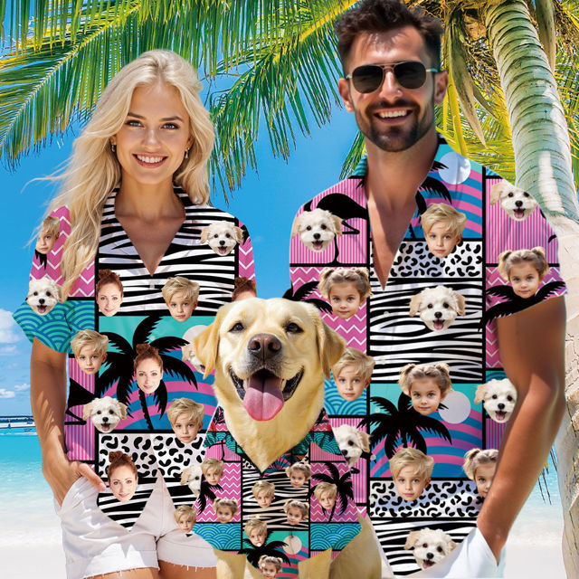 Picture of Custom Face Hawaiian Shirt for Family and Pets - Pink Thin Geometric Pattern - Best Summer Hawaiian Shirt for Family