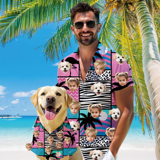 Picture of Custom Face Hawaiian Shirt for Family and Pets - Pink Thin Geometric Pattern - Best Summer Hawaiian Shirt for Family