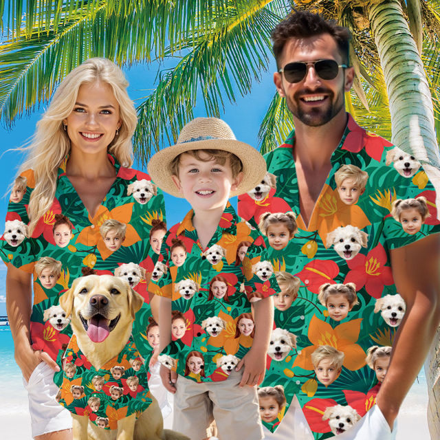 Picture of Custom Face Hawaiian Shirt for Family and Pets - Bright Tropical Flowers Pattern - Best Summer Hawaiian Shirt for Family