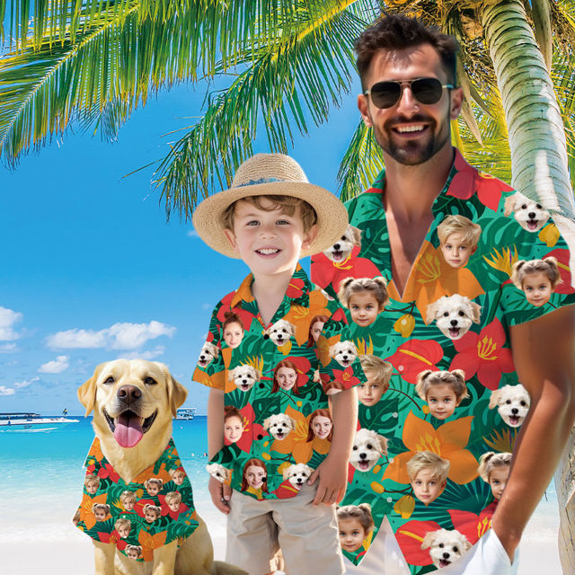Picture of Custom Face Hawaiian Shirt for Family and Pets - Bright Tropical Flowers Pattern - Best Summer Hawaiian Shirt for Family