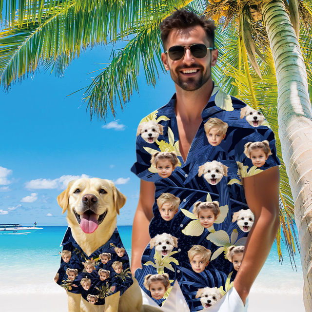Picture of Custom Face Hawaiian Shirt for Family and Pets - Dark Blue Background with Yellow Flowers Pattern - Best Summer Hawaiian Shirt for Family