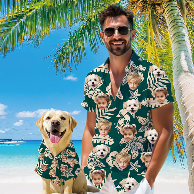 Picture of Custom Face Hawaiian Shirt for Family and Pets - Green Background with Leaves Pattern - Best Summer Hawaiian Shirt for Family
