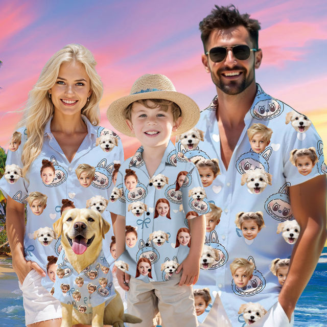 Picture of Custom Face Hawaiian Shirt for Family and Pets - Custom Hawaiian Shirt for Man, Women and Kids - Popular Cartoon Elements - Blue Background - Best Summer Hawaiian Shirt for Family