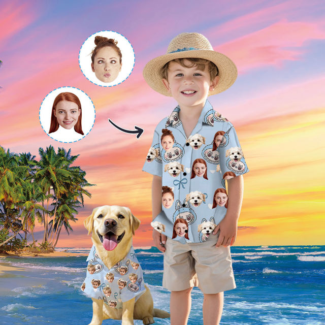 Picture of Custom Face Hawaiian Shirt for Family and Pets - Custom Hawaiian Shirt for Man, Women and Kids - Popular Cartoon Elements - Blue Background - Best Summer Hawaiian Shirt for Family