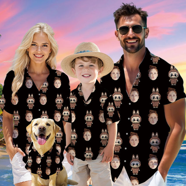 Picture of Custom Face Hawaiian Shirt for Family and Pets - Custom Hawaiian Shirt for Man, Women and Kids - Popular Cartoon Elements - Black Background - Best Summer Hawaiian Shirt for Family