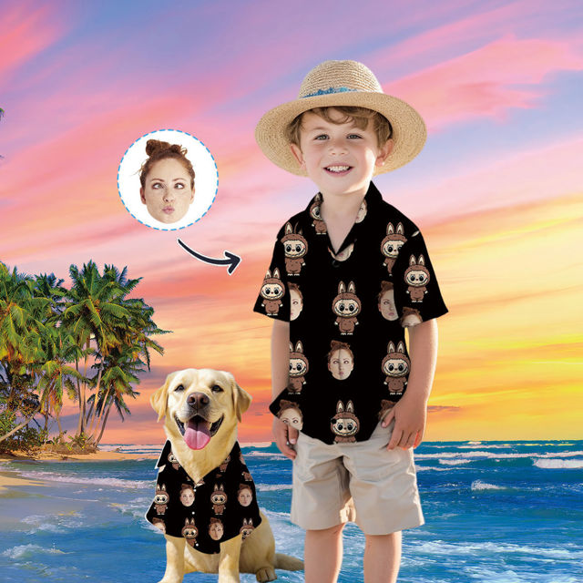 Picture of Custom Face Hawaiian Shirt for Family and Pets - Custom Hawaiian Shirt for Man, Women and Kids - Popular Cartoon Elements - Black Background - Best Summer Hawaiian Shirt for Family