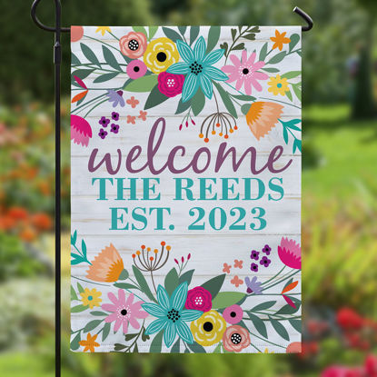 Picture of Rainbow Flowers - Personalized Garden Flag with Name - Front door Decor or Garden