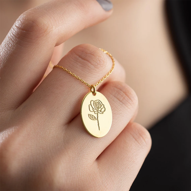 Picture of Custom Birth Flower Necklace Oval Disc Shape - Personalized  Birth Flower Necklace With Names - Wedding Bridesmaid Gift Necklaces