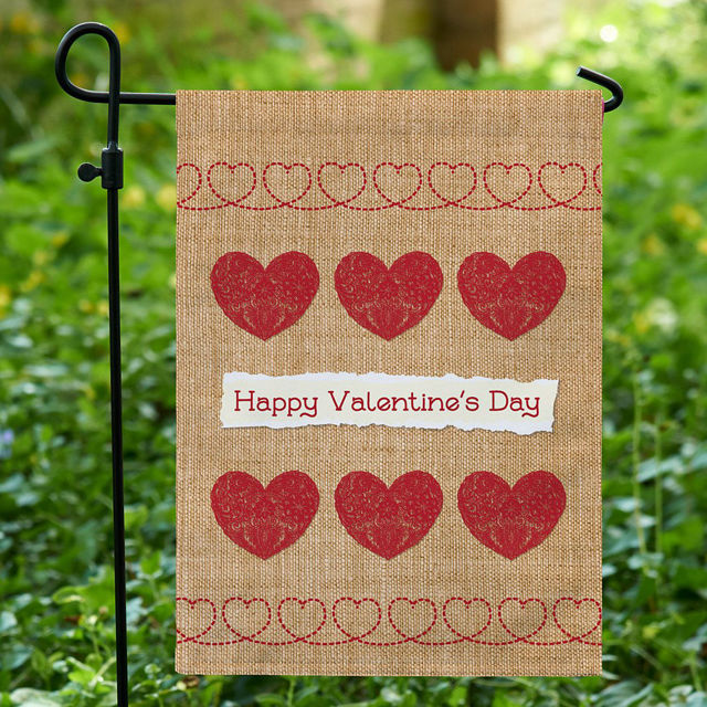 Picture of Burlap Hearts Garden Flag - Colorful Confetti Yard Sign - Custom Outdoor Party Decor - Birthday Gift for Him or Her