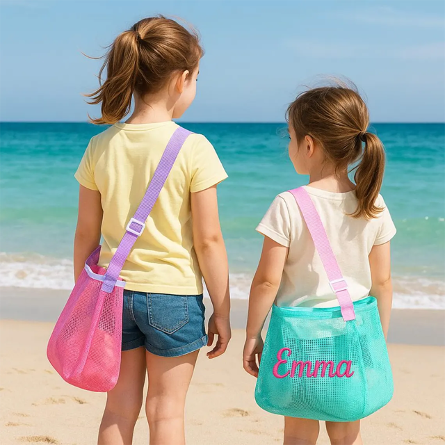 Picture of Custom Embroidered Kids Beach Bag - Personalized Shell Zipper Mesh Backpack - Custom Kids Shell Collecting Mesh Bag
