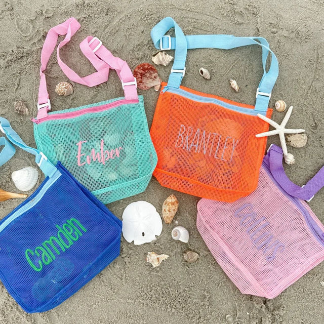 Picture of Custom Embroidered Kids Beach Bag - Personalized Shell Zipper Mesh Backpack - Custom Kids Shell Collecting Mesh Bag