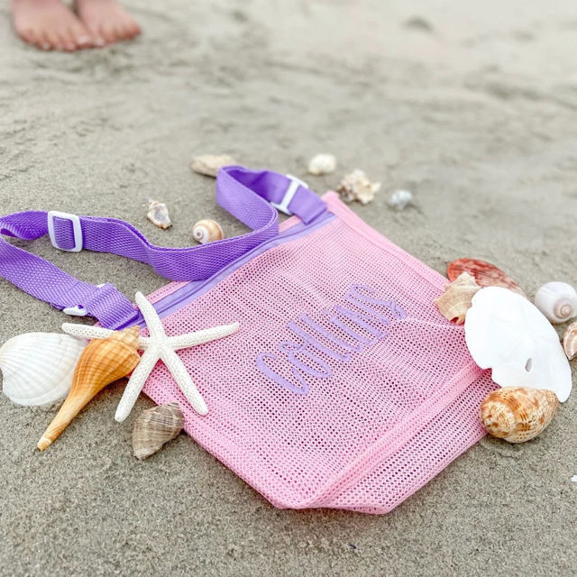 Picture of Custom Embroidered Kids Beach Bag - Personalized Shell Zipper Mesh Backpack - Custom Kids Shell Collecting Mesh Bag