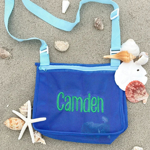Picture of Custom Embroidered Kids Beach Bag - Personalized Shell Zipper Mesh Backpack - Custom Kids Shell Collecting Mesh Bag