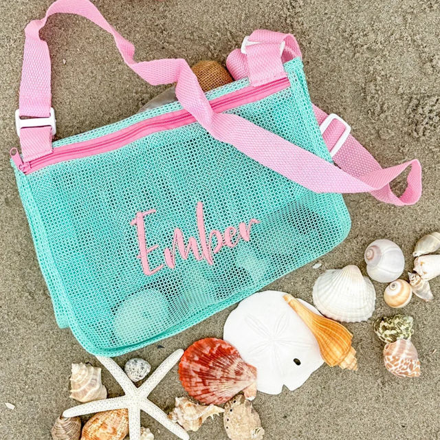 Picture of Custom Embroidered Kids Beach Bag - Personalized Shell Zipper Mesh Backpack - Custom Kids Shell Collecting Mesh Bag