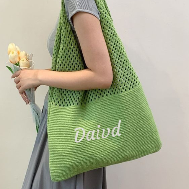 Picture of Custom Crochet Mesh Beach Tote - Custom Crochet Embroidered Beach Tote - Custom Name Knit Tote