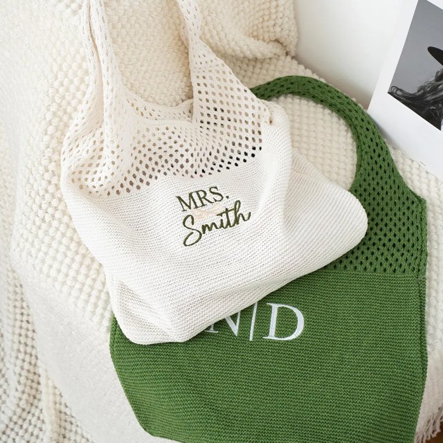 Picture of Custom Crochet Mesh Beach Tote - Custom Crochet Embroidered Beach Tote - Custom Name Knit Tote