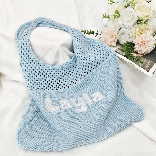 Picture of Custom Crochet Mesh Beach Tote - Custom Crochet Embroidered Beach Tote - Custom Name Knit Tote