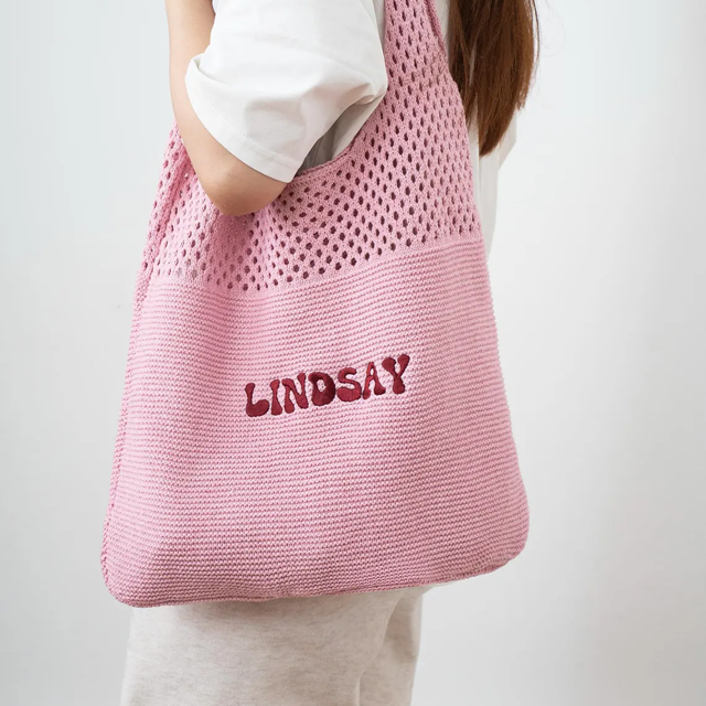 Picture of Custom Crochet Mesh Beach Tote - Custom Crochet Embroidered Beach Tote - Custom Name Knit Tote