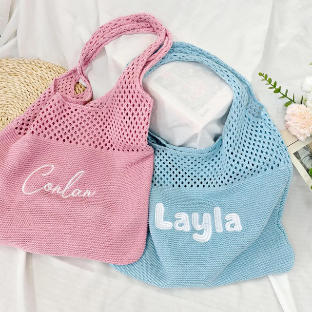 Picture of Custom Crochet Mesh Beach Tote - Custom Crochet Embroidered Beach Tote - Custom Name Knit Tote