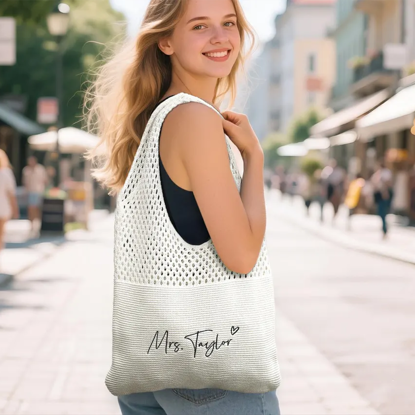 Picture of Custom Crochet Mesh Beach Tote - Custom Crochet Embroidered Beach Tote - Custom Name Knit Tote