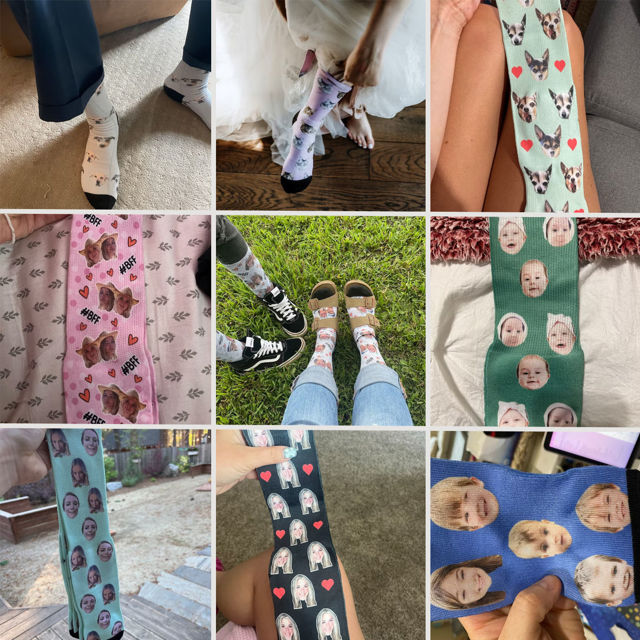 Picture of Custom Photo Face Socks for Family - Lovely Socks with Popular Cartoon Elements - Light Blue Style - Gift for Boys and Girls