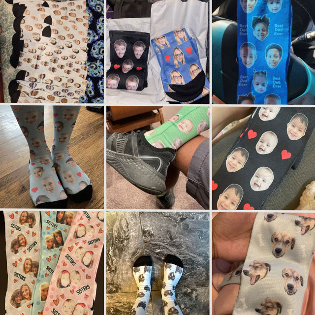 Picture of Custom Photo Face Socks for Family - Lovely Socks with Popular Cartoon Elements - Light Blue Style - Gift for Boys and Girls