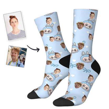 Picture of Custom Photo Face Socks for Family - Lovely Socks with Popular Cartoon Elements - Light Blue Style - Gift for Boys and Girls