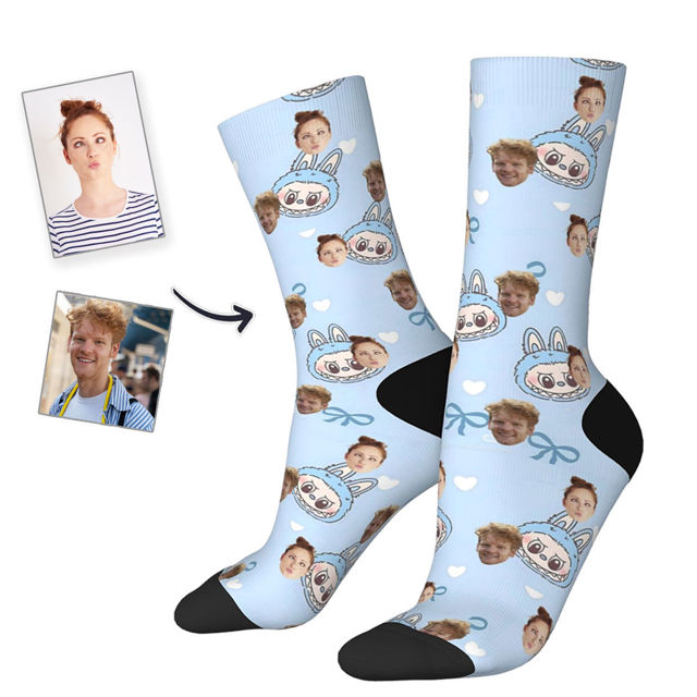 Picture of Custom Photo Face Socks for Family - Lovely Socks with Popular Cartoon Elements - Light Blue Style - Gift for Boys and Girls