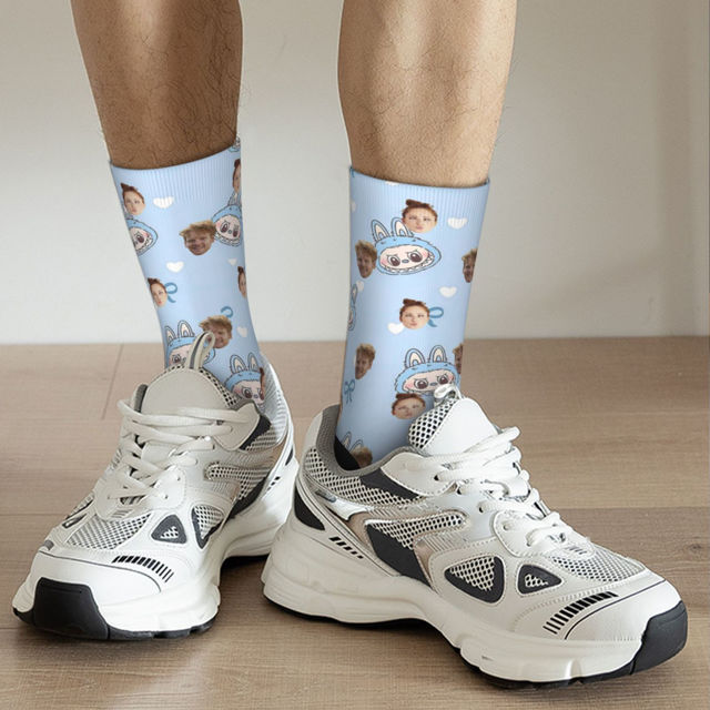 Picture of Custom Photo Face Socks for Family - Lovely Socks with Popular Cartoon Elements - Light Blue Style - Gift for Boys and Girls