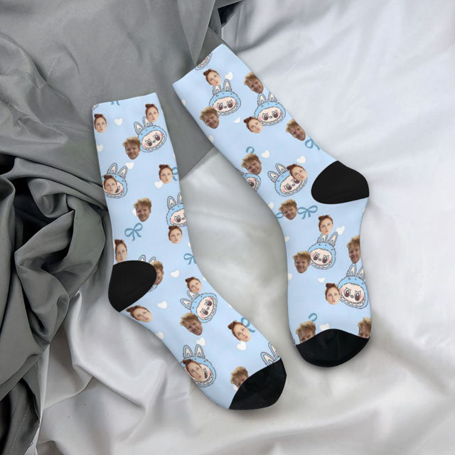 Picture of Custom Photo Face Socks for Family - Lovely Socks with Popular Cartoon Elements - Light Blue Style - Gift for Boys and Girls