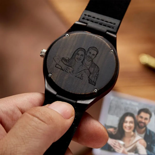 Picture of Personalized Watch - Custom Engraved Bamboo Wood Photo Watch - Engraved On the Back