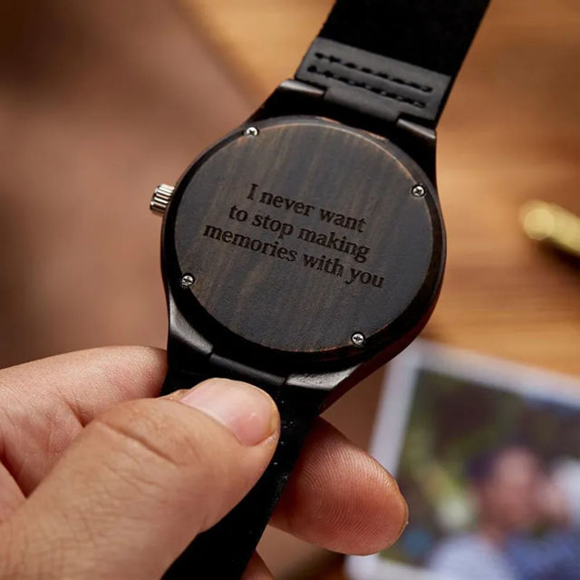 Picture of Personalized Watch - Custom Engraved Bamboo Wood Photo Watch - Engraved On the Back