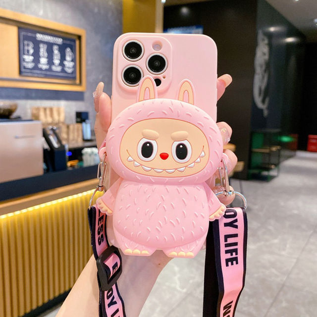Picture of Cartoon Labubu Phone Case with Coin Purse and Lanyard - Kawaii Cute Style for iPhone - Fun Character Gift