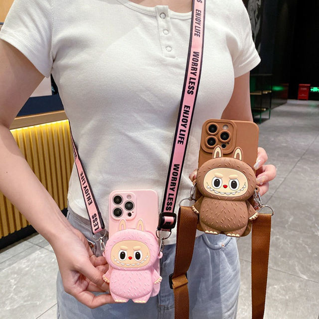 Picture of Cartoon Labubu Phone Case with Coin Purse and Lanyard - Kawaii Cute Style for iPhone - Fun Character Gift