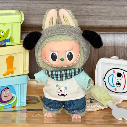 Picture of Custom Gen 1 & 2 Labubu Clothing Sets - Apple Green Puppy Print T-Shirt & Jeans Outfit - Clothes Only for 17cm Labubu Plush Doll - Doll and Shoes Not Included