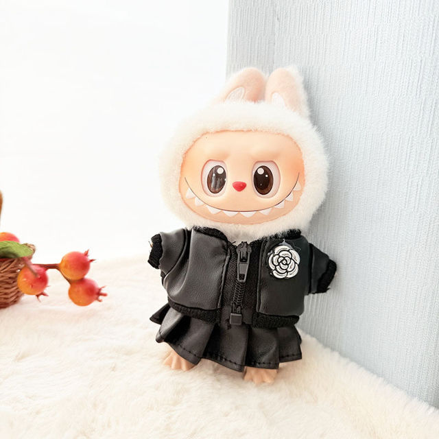 Picture of CHANEL Style Floral Leather Jacket and Skirt - Labubu Clothing Set - Doll and Shoes Not Included