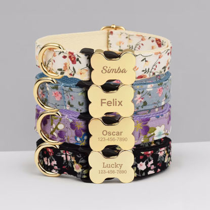 Picture of Personalized Pet Name Collar - Small Floral Series - Engraved Pet Name Dog Bone Tag - Gift for Pets