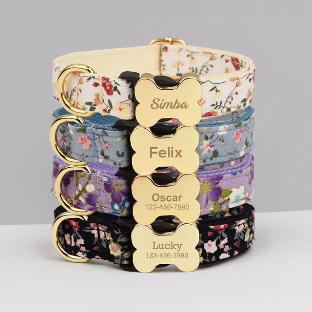 Picture of Personalized Pet Name Collar - Small Floral Series - Engraved Pet Name Dog Bone Tag - Gift for Pets