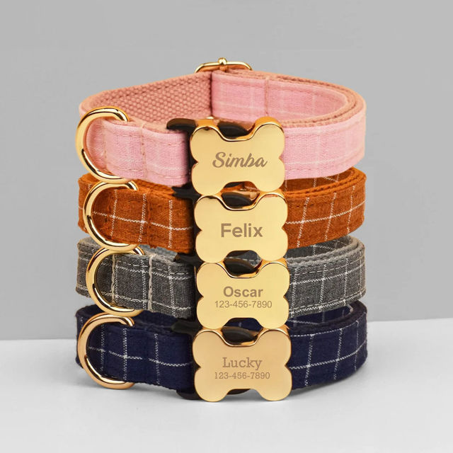 Picture of Personalized Pet Name Collar - Grid Series - Engraved Pet Name Dog Bone Tag - Gift for Pets