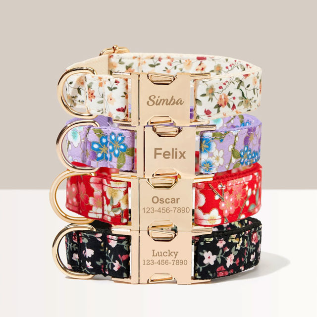 Picture of Personalized Pet Name Collar - Small Floral Series - Engraved Pet Name Square Tag - Gift for Pets