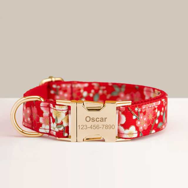 Picture of Personalized Pet Name Collar - Small Floral Series - Engraved Pet Name Square Tag - Gift for Pets