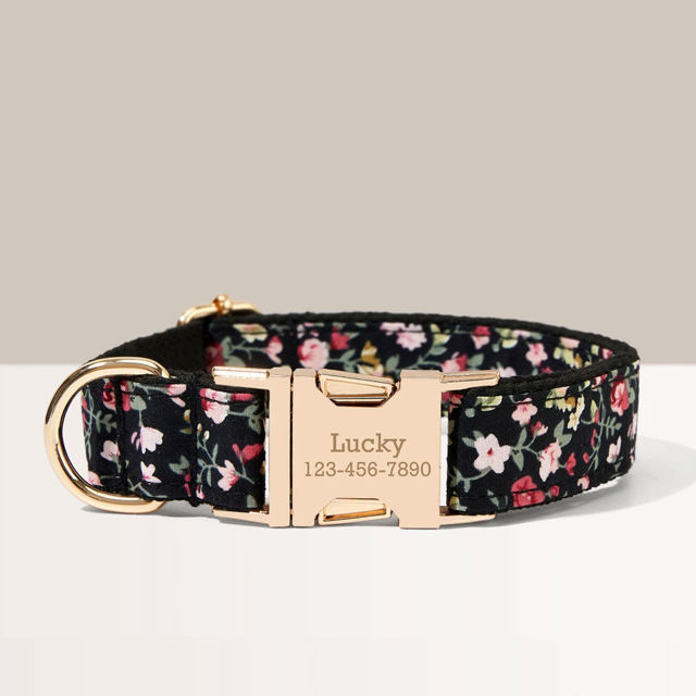 Picture of Personalized Pet Name Collar - Small Floral Series - Engraved Pet Name Square Tag - Gift for Pets