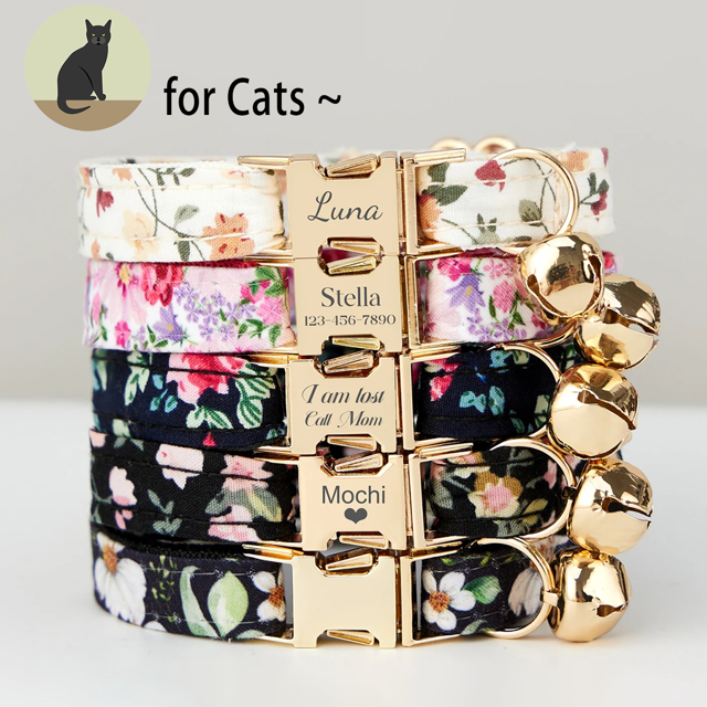Picture of Personalized Cat Name Collar Set - Floral Series - Engraved Pet Name Tag Metal Buckle - Summer Gift for Cats
