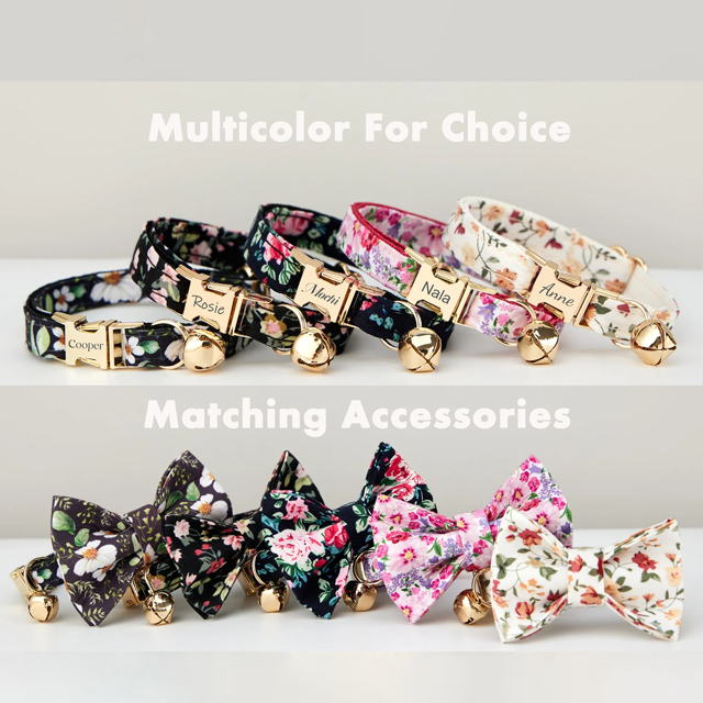 Picture of Personalized Cat Name Collar Set - Floral Series - Engraved Pet Name Tag Metal Buckle - Summer Gift for Cats