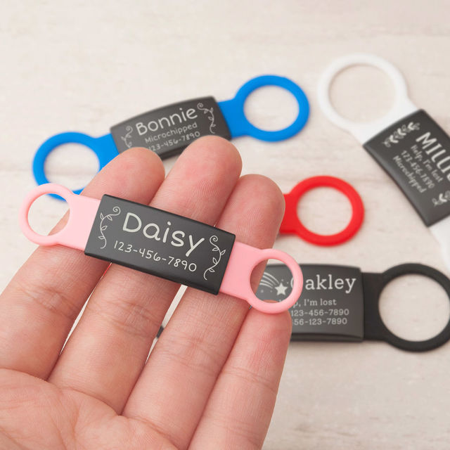 Picture of Custom Black Slide On Dog & Cat Collar Name Tag - Personalized Silent Pet Name Tag with Owner Information