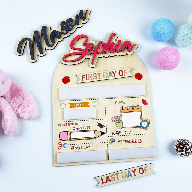 Picture of Personalized Wooden First & Last Day of School Sign - Wood Color Baseboard - Back to School Photo Board for Kids