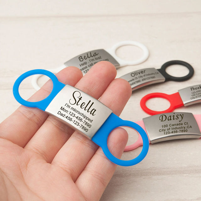 Picture of Custom Lasered Silver Slide On Dog & Cat Collar Name Tag - Personalized Soundless Pet Name Tag with Owner Information